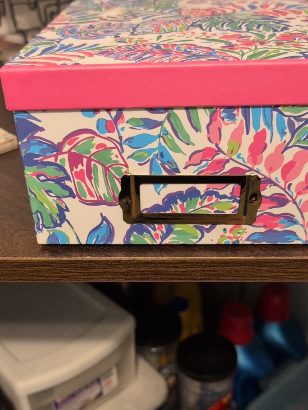Decorative Floral Storage Box with Pink Accent Lid